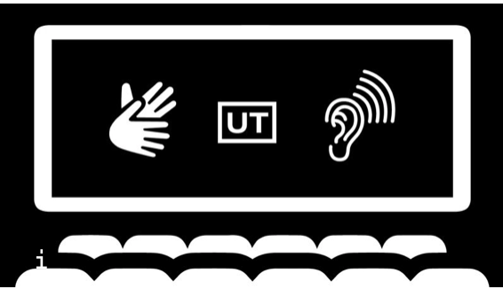 Zeichen für Gebärdensprache und Untertitel in weißer Schrift auf schwarzem Hintergrund